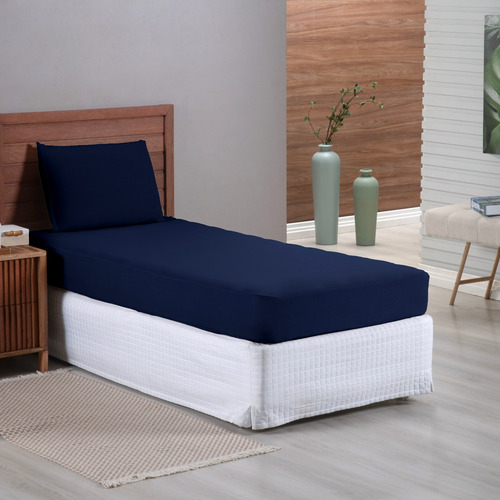 Jogo De Cama Solteiro Lençol 02 Pçs C/ Elástico Malha 100% Algodão Fio 30/1 Penteado Azul Marinho