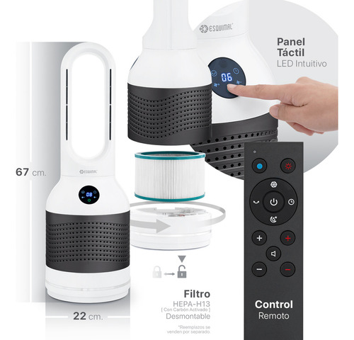 Ventilador Purificador Calentador 3 En 1 Esquimal, 8 Velocidades, 3 Niveles De Calefacción, Temporizador, (Chico, Gris - Blanco)