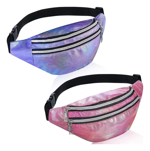 Cangurera Holográfica De Color Metálico, 2 Color Rosado Oscuro Y Morado Diseño De La Tela Metalico