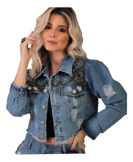 jaqueta jeans feminina com pedraria