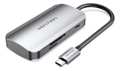 Hub Usb Multipuerto Vention - 6 En 1 - Usb C + 3 Puertos Usb 3.0 + Lector De Tarjetas Sd / Tf + Power Delivery 100w Usb C - 5gbps Carcasa Aluminio - 15 Cm - Premium Para Pc / Mac / Laptop - Tnhhb