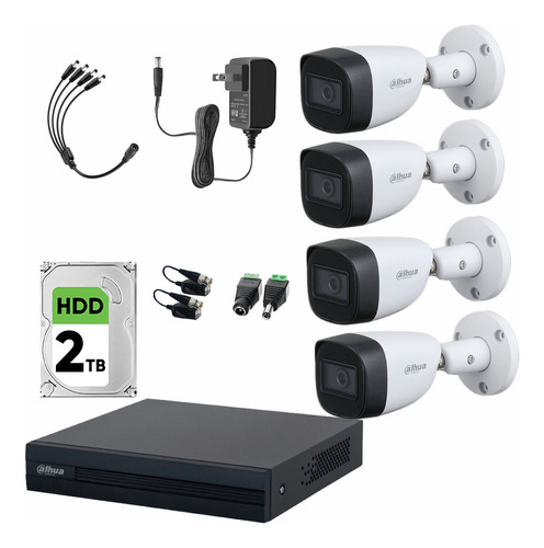 Dahua Kit De Video Vigilancia 4 Cámaras Metalicas De 2 Mp Con Microfono Integrado + 2tb Disco Duro + Accesorios Cámaras De Seguridad  Con Busqueda Inteligente De Alta Resolución Dh-kit-met4ch-plus-2bs