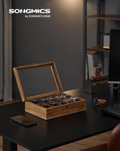 Songmics - Caja De Reloj De 10 Ranuras, Caja De Reloj De Madera Maciza Con Tapa De Vidrio Grande, Vitrina De Reloj Con Almohadas Extraíbles, Para Seres Queridos, Nogal Rústico Ujow100k01