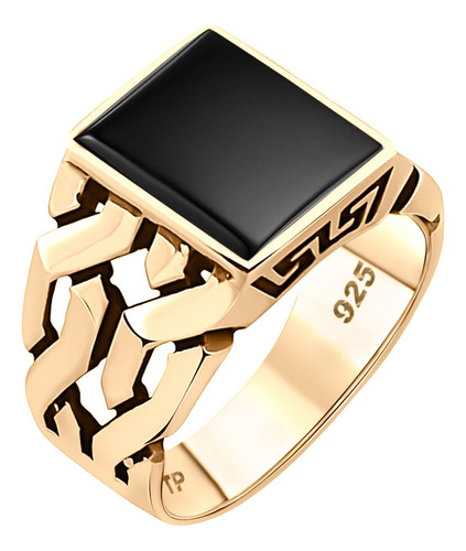Anel Masculino Elos Prata 925 Dourada  Ouro 18k- Black Onix