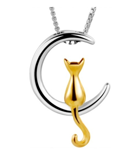 Collar De Plata S925 Con Forma De Gato Y Luna Para Mujer