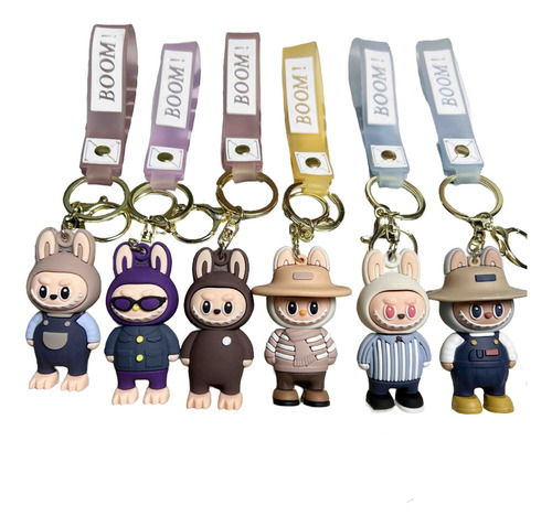 Set Of 6 Cute Straw Hat Labubu Silicone Keychain Pendant