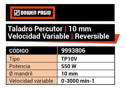 Taladro Percutor 10mm Vel Variable 550 W Dowen Pagio 9993806