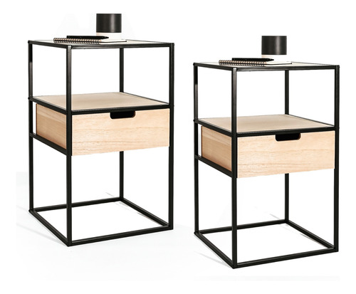 Set 2 Mesas De Luz Diseño Industrial Madera Hierro Con Cajón