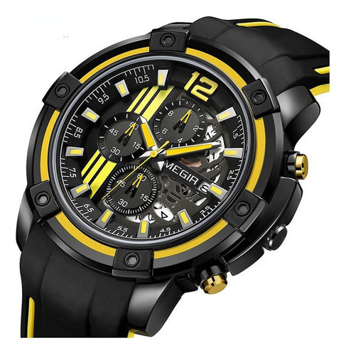 Relógio de pulso Megir MEGIR 2097G com corpo preto,  analógico, para masculino, fundo  amarelo, com correia de silicone cor e fivela simples
