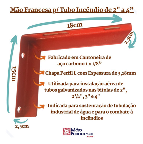 Suporte Mão Francesa 18x15 - Kit com 12 peças - Para Tubo Incêndio de 2 A 4 Polegadas - Cantoneira Tipo L para Tubulação de Hidrante