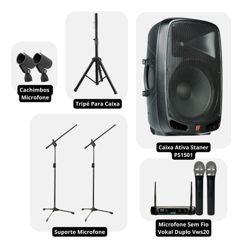 Kit Caixa De Som Amplificada Ativa + Microfone Sem Fio Tripé