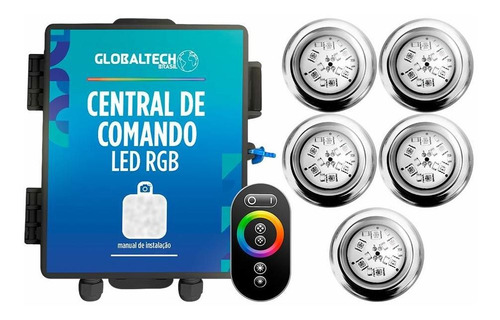 Kit 5 Refletor Led Piscina Rgb 9w Inox + Central Touch 110V/220V