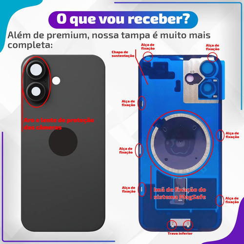 Tampa Traseira Compatível Com iPhone 16 Plus Vidr Câmera Imã