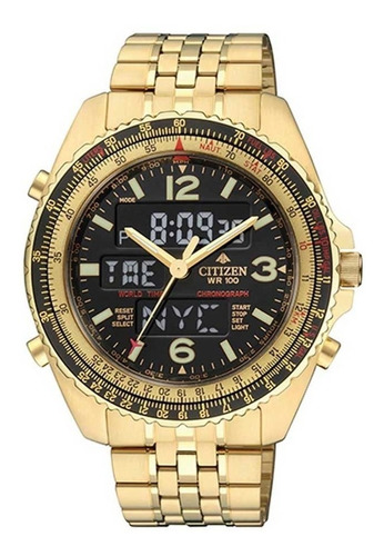 Relógio Citizen Masculino Promaster Wingman Vi Jq8003-51e / Cor da correia Dourado Cor do bisel Preto/Dourado Cor do fundo Preto