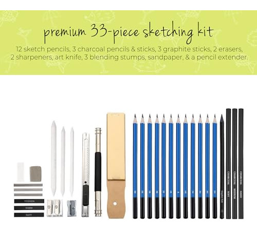 Kit De Boceto 33 Piezas Lápices Dibujo, Carbón, Sacapuntas