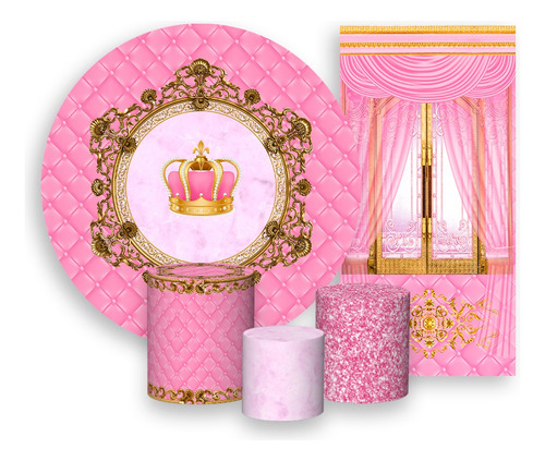 Kit Painel De Festa+ Trio Capa Cilindro+ Faixa- Realeza Rosa