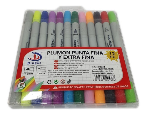 Plumón - Marcador 12 Colores Punta Pincel Y Fina Doble Punta