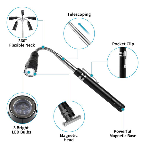 Juego De 3 Espejos Telescópicos Con Luz Led Y Linterna