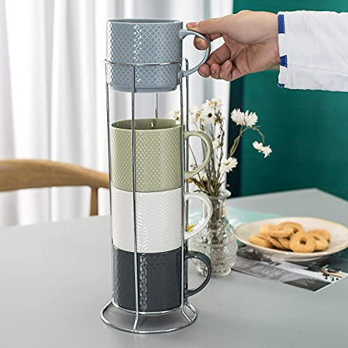 Tazas De Café Apilables Con Soporte, Juego De 4 Tazas De Cer