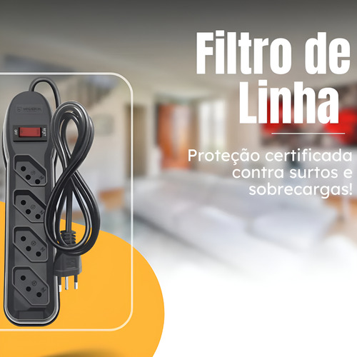 Filtro De Linha 4 Tomadas 1 Metro Extensão Régua Com Fusível