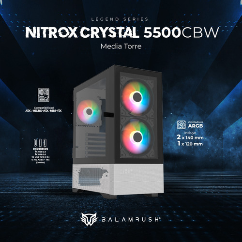 Gabinete Balam Rush Nitrox Aircool 5500cbw 3fan 1/2torre N/b