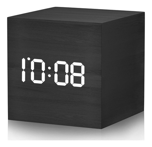 Reloj Despertador Digital Madera Led Luz Multifuncional Cubo