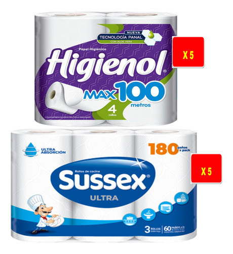 Combo Papel Higienol X5 + Rollo De Cocina Sussex X5