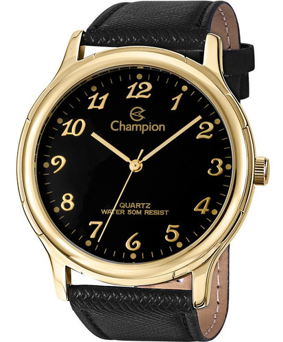 Relógio Masculino Dourado Champion Pulseira De Couro Preta