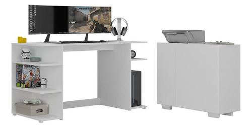 Conjunto Mesa Gamer E Balcão 3 Portas Multimóveis Mp7003 Cor Branco