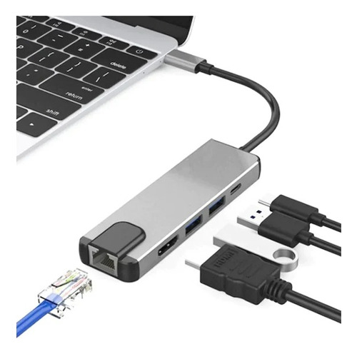 Adaptador Hub Usb C 5 En 1 Mac/windows/android Rj45 Usb 3.0