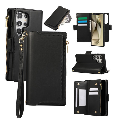 Funda Tipo Cartera Con Cierre Para Samsung Galaxy S23 Fe S24 S22 S21 S20, De Lujo, Multifunción, 6 Tarjetas, Piel Con Cordón Shou