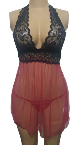 Camison Negro Lenceria Para Dormir Babydoll Noche Rojo R225