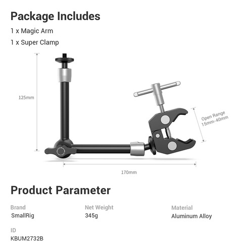 Smallrig Clamp W/ 1/4 And 3/8 Thread And 9.8 Inches Adj...
