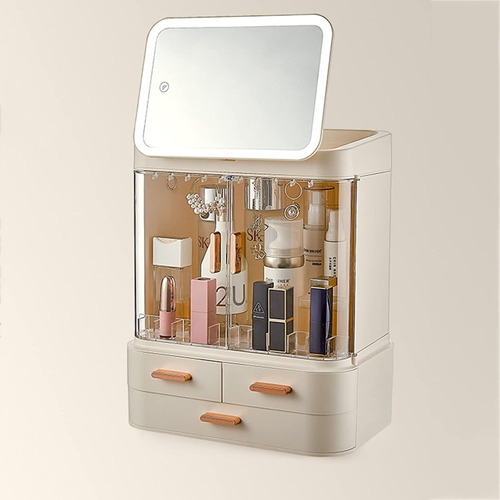 Organizador De Maquillaje Y Cosméticos Con Espejo Y Luz Led Rosa Pálido