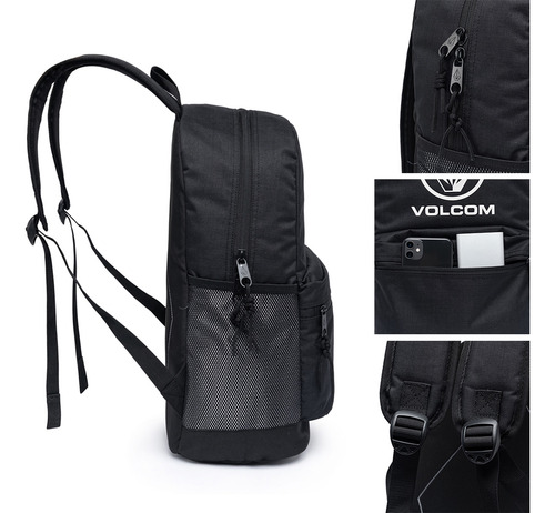 Mochila Volcom Escolar Universitária Reforçada Cor Preto Desenho Do Tecido Lisa