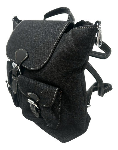 Bolsa Tipo Mochila Con Bolsas Al Frente Negro Mezclilla Níquel Negro