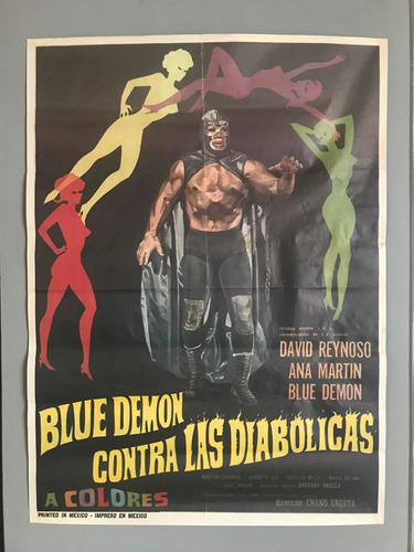 Antiguo Cartel De Cine Película Blue Demon Vs Las Diabólicas