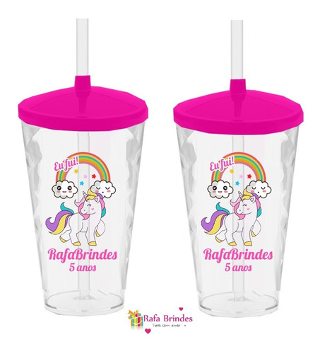 35 Copos Twister 490ml Personalizado C/ Canudo Unicórnio