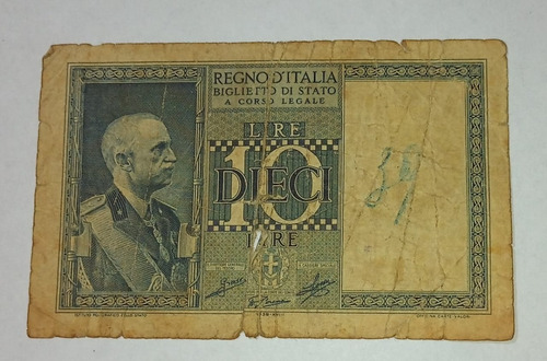 Billete De Italia 2* Guerra 10 Liras 1935-1944 P.25 Fine