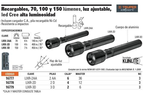 Linterna Aluminio Recargable 100 Lumenes Truper Expert 16778