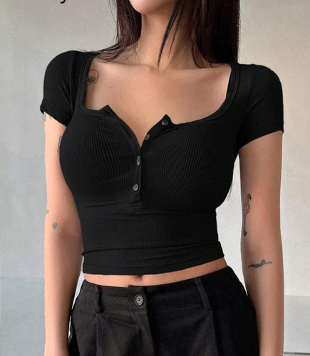 Blusa Mujer Ajustada Casual Moda Con Botones Manga Corta