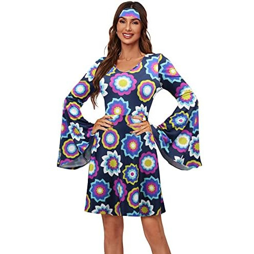 Disfraz De Hippie De Halloween Mujeres Vestido Boho Est...