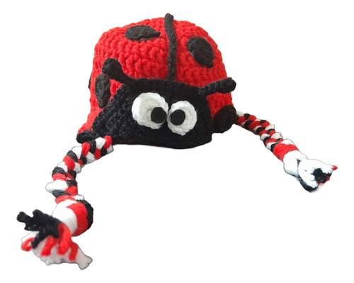 Gorro Mariquita De Lana Tejido Crochet Niños Invierno Rojo Blanco Y Negro 0 A 3 Meses Mariquita