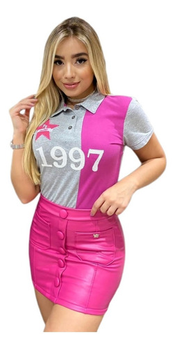 Blusa Polo Letreiro Paetê 1997 Faixa Rosa Planet Girls