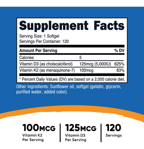 Nutricost K2 Mk7 100 Mcg Y Vitamina D3 5000 Ui 120 Cápsulas