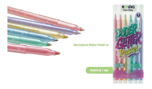 Imagen 4 de 5 de Marcadores Mooving X 6 Colores Glitter Pastel Lavables