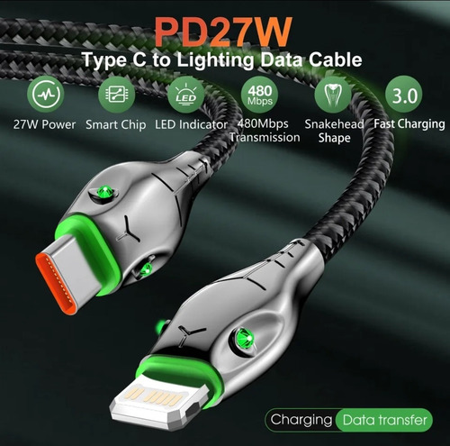 Imagen 2 de 4 de Cable Pd De C A Lightning / 3 Metros / Serpiente / 27 W