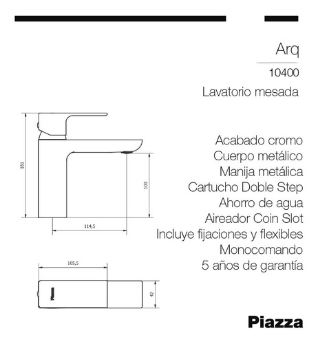 Imagen 2 de 5 de Griferia Monocomando Negro Lavatorio Bajo Arq Piazza 10400ne