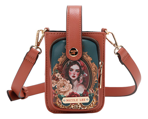 Bolsa Para Celular Nicole Lee Estampada The Queen Ss25 Acabado de los herrajes Níquel Color Carmín Correa de hombro Café