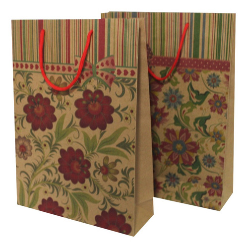 Imagem 2 de 3 de Sacolas Para Presentes Decoradas Kraft Flores Laço Com 12